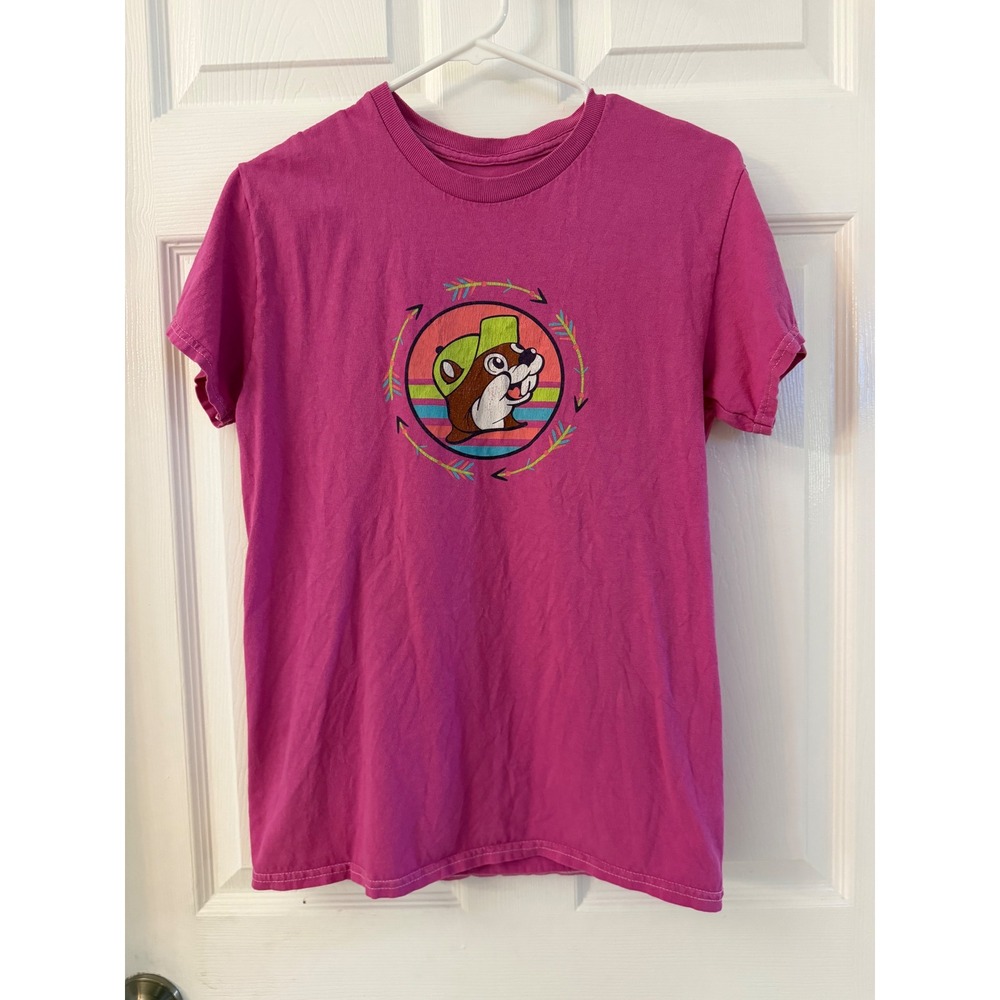 Buc-ee's Pink Graphic T-Shirt Easily Distracted By Dogs Beaver Mascot Small